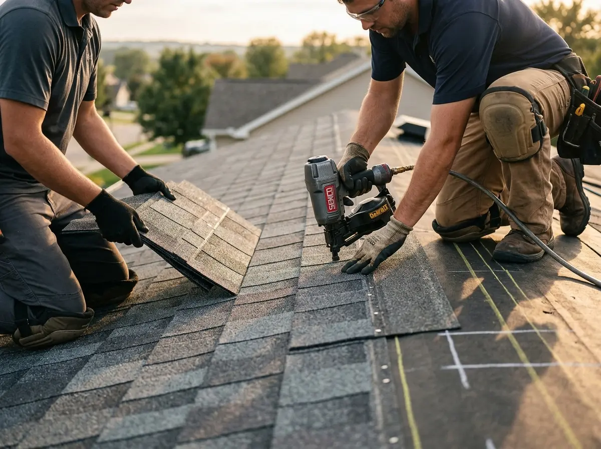Professional roofer working on a residential roof in Ferndale